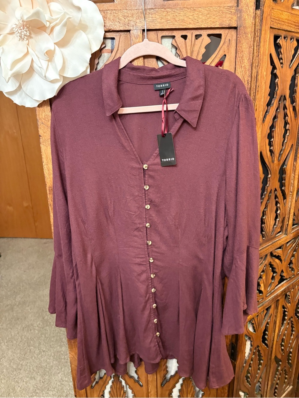 Plum Button-Front Flowy Tunic Blouse